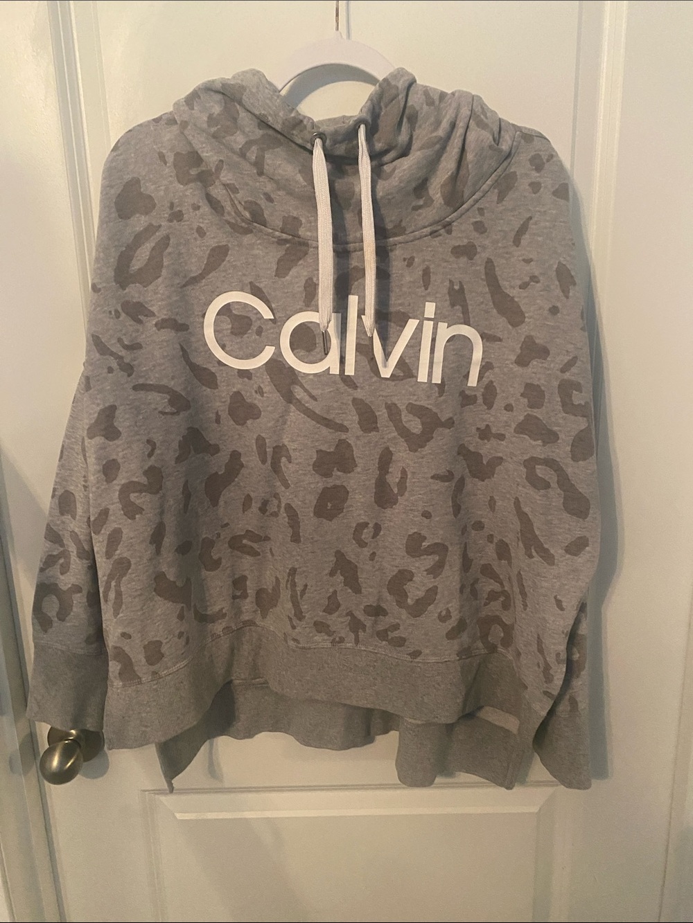 Calvin Klein Gray Leopard Cowl-Neck Pullover with White Logo